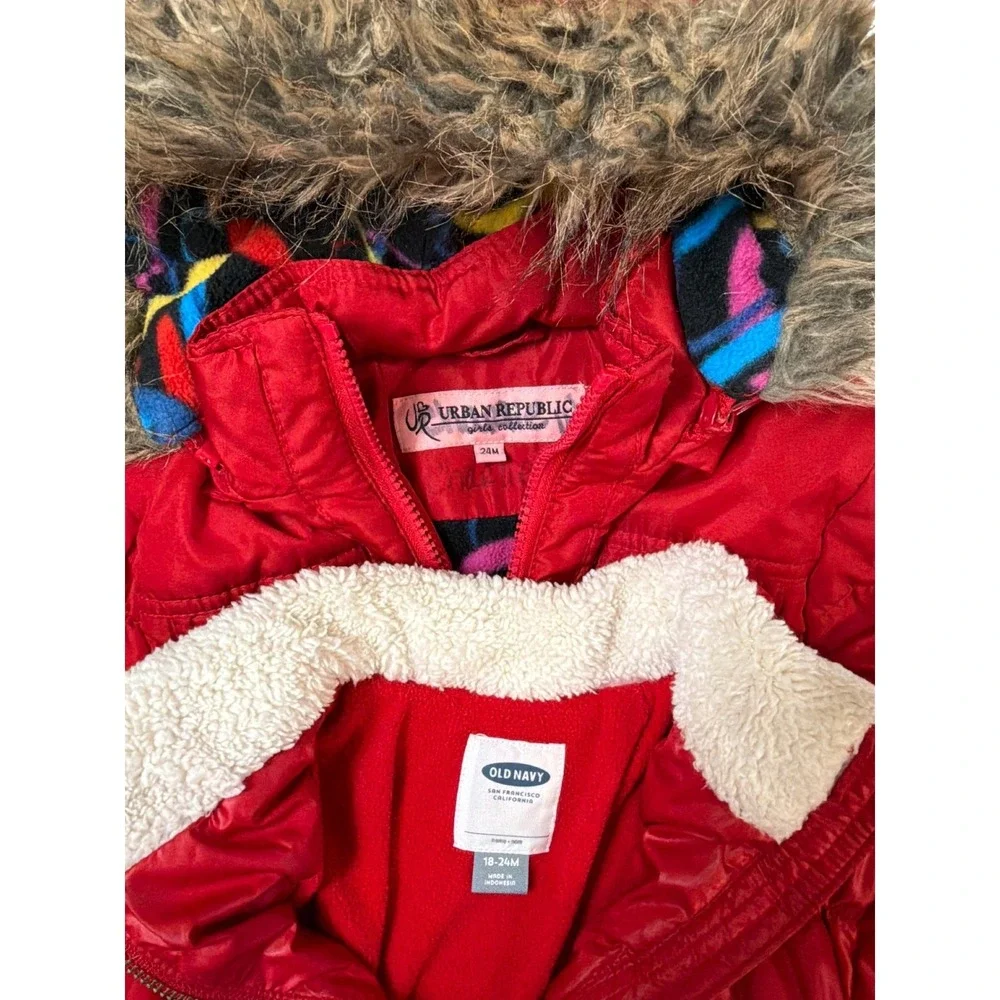 Girls Winter Red Puffer Coats‎ Snowsuit Jean Jacket Hats Gloves Bib Cup 18 24
